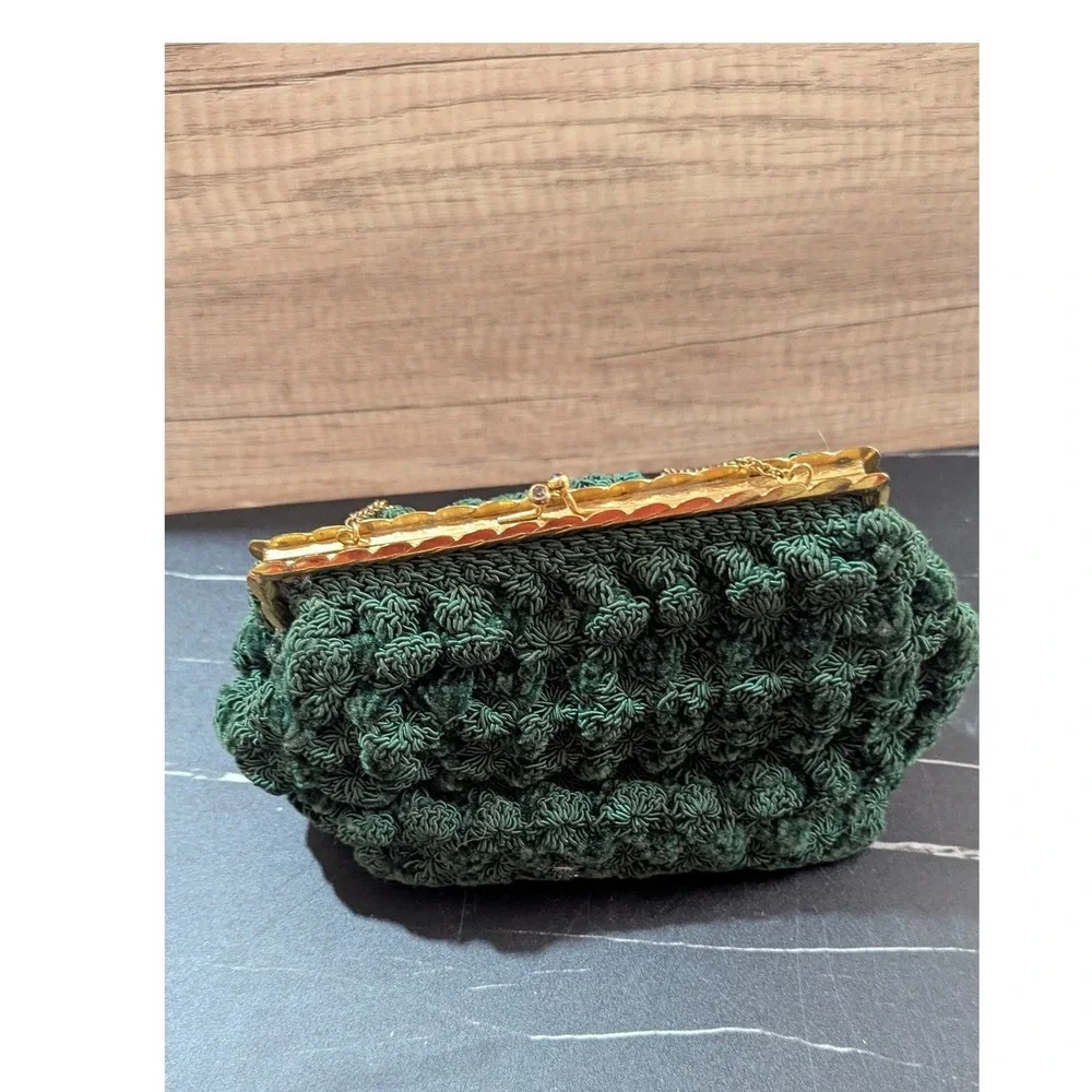 Vintage Emerald Green Pom-Pom Cordé Tapestry Handbag‎ Gold Frame